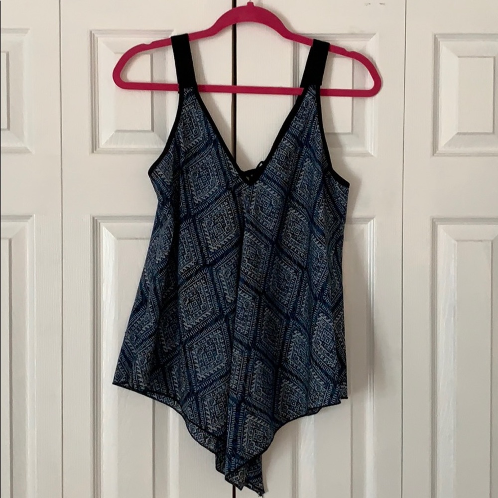 Blue pattern tank with velvet trim and straps, M